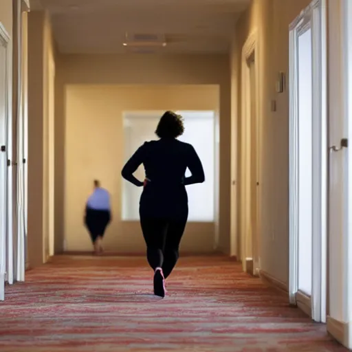 Image similar to a woman running down the hallway of her home, looking behind her