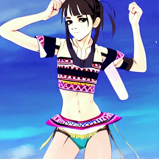 Image similar to a beautiful boyish emma watson alluring instagram model, wearing elaborate japanese hiphop leotard outfit with mayan pattern and native fashion, aztec street fashion bathing suit, jrpg fashion, gapmoe yandere grimdark, trending on pixiv fanbox, painted by greg rutkowski makoto shinkai takashi takeuchi studio ghibli, akihiko yoshida