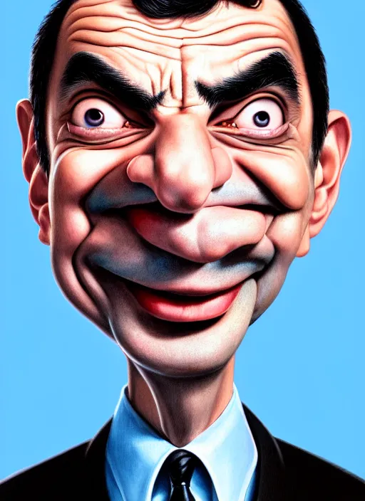 Image similar to highly detailed caricature portrait of mr bean by ross tran, by anato finnstark, brush strokes, 4 k resolution, light blue pastel background