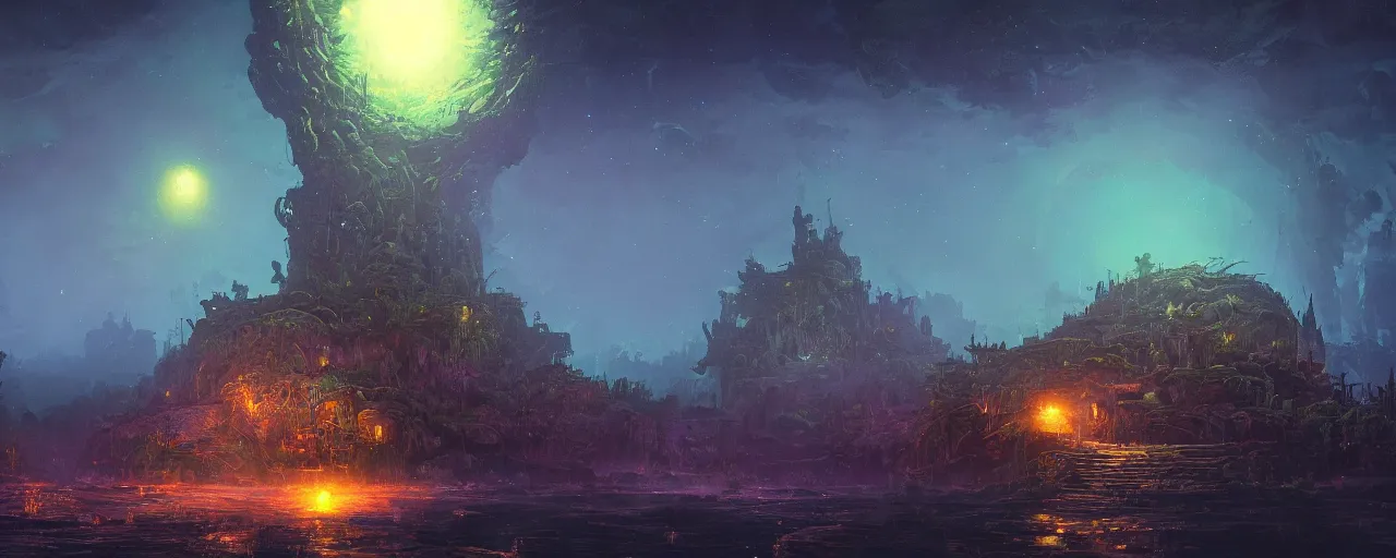 Image similar to ” otherwordly landscape at night, [ bioluminescense, cinematic, detailed, epic, widescreen, opening, establishing, mattepainting, photorealistic, realistic textures, octane render, art by slop and paul lehr ] ”