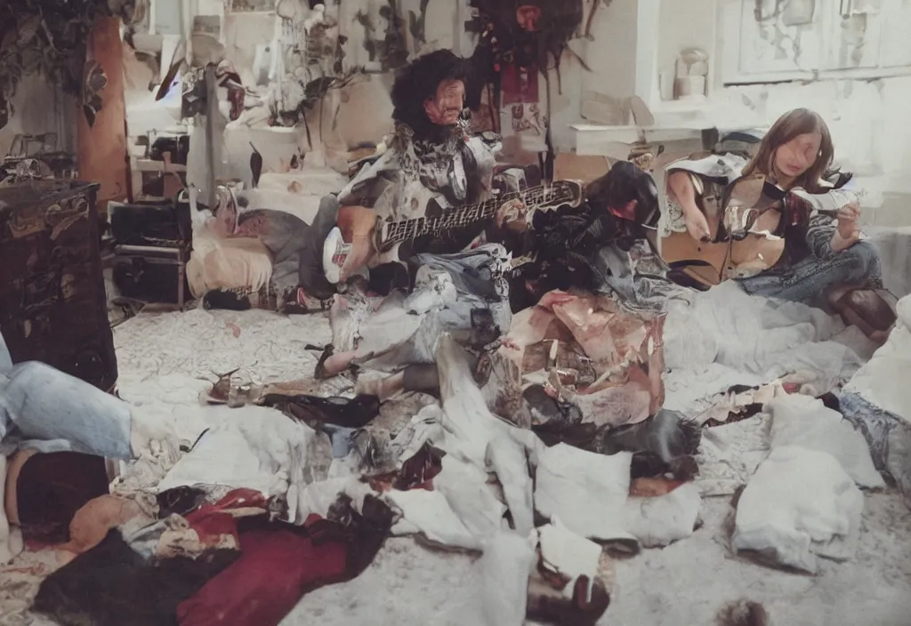 Prompt: beautiful women playing guitar in front of a tv, 3 5 mm, cinestill, depth of field in the style of bruce weber