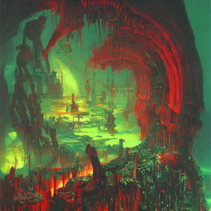 Image similar to gargantuan disappointment of flaky souls, red and green palette, by ( h. r. giger ) and paul lehr