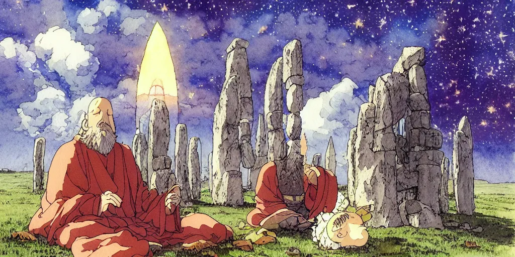 Image similar to a hyperrealist studio ghibli watercolor fantasy concept art of a giant long haired medieval monk with his heads down in lotus position in stonehenge with a starry sky in the background. a giant rocket ship from independence day ( 1 9 9 6 ) is floating in the air. by rebecca guay, michael kaluta, charles vess