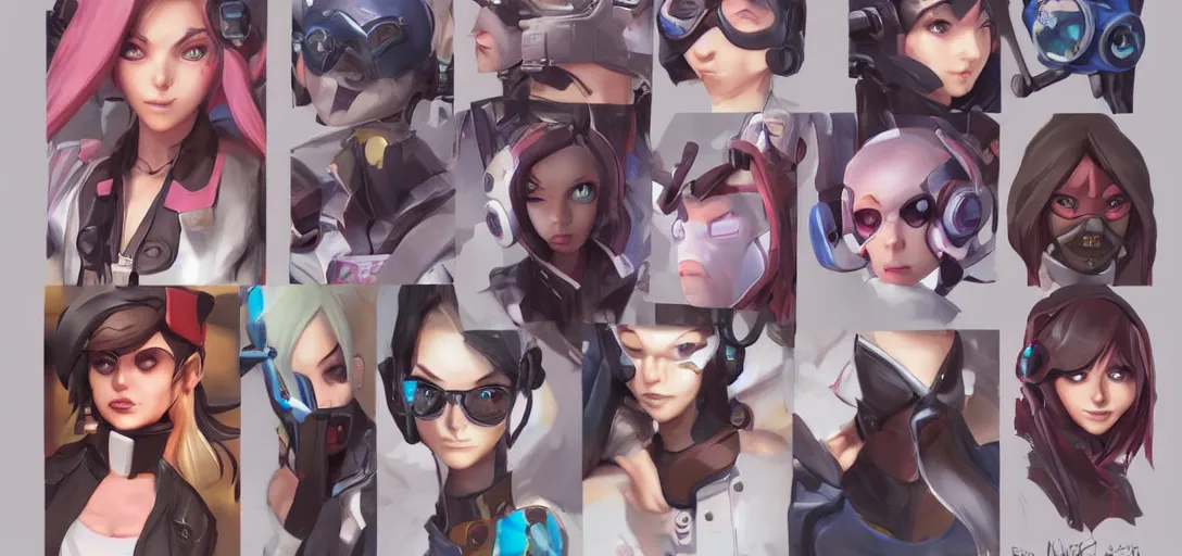 Image similar to concept art of female video game characters head designs, egirls, disgaea, flcl, overwatch, by marc brunet and artgerm