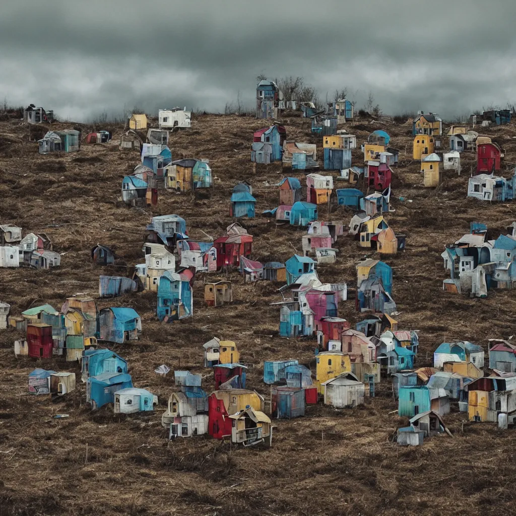 Image similar to towers made up of colourful makeshift squatter shacks, bleached colours, moody cloudy sky, dystopia, mamiya, very detailed, photographed by cristina de middel