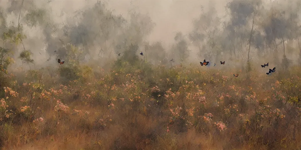 Prompt: on a misty, a group of butterflies perched in a grove of burning peach trees, by craig mullins
