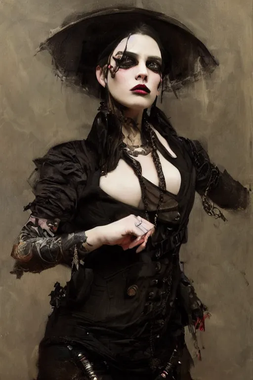 Image similar to Richard Schmid and Jeremy Lipking and Roberto Ferri full length portrait painting of a young beautiful victorian steampunk goth punk rock woman