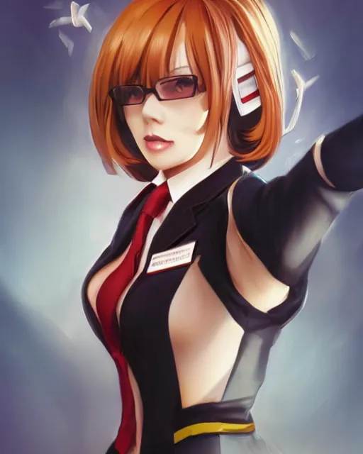 Image similar to beautiful portrait of a Flight Attendant who looks like Shiraki Meiko, Prison School anime, character design by Ross Tran, artgerm detailed, soft lighting