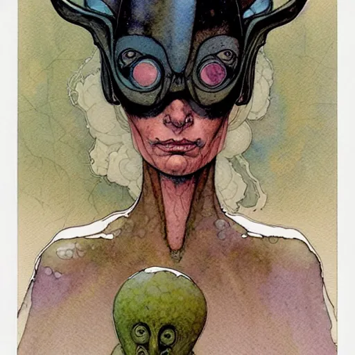 Image similar to a simple and atmospheric watercolour portrait of a pulp sci - fi alien mother bug, very muted colors, by rebecca guay, michael kaluta, charles vess and jean moebius giraud