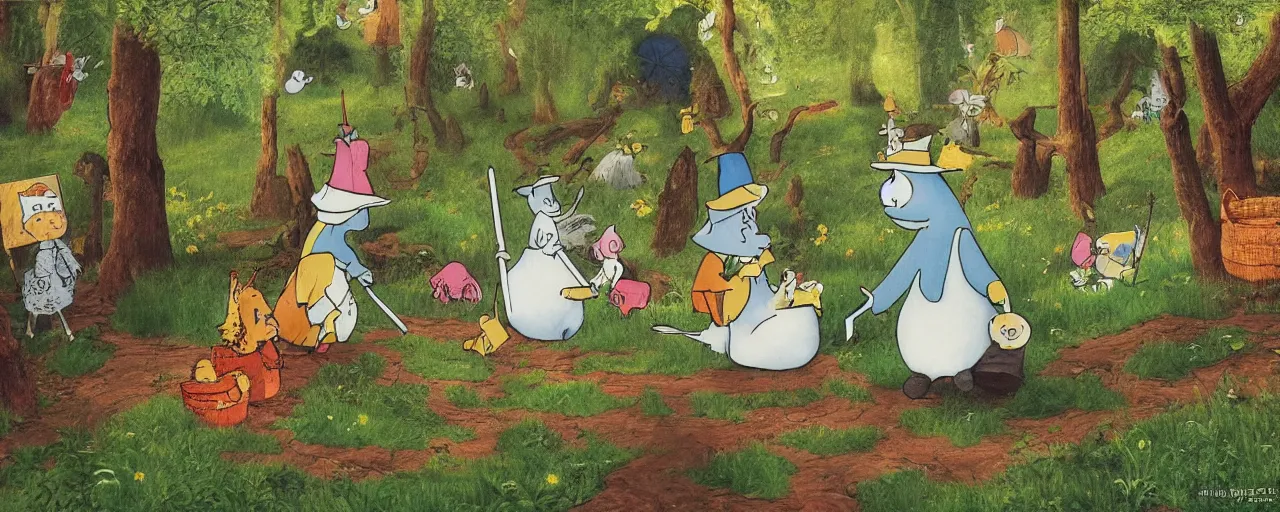 Image similar to the moomins in moominvalley, bosch painting, very detailed!, high quality, 4 k