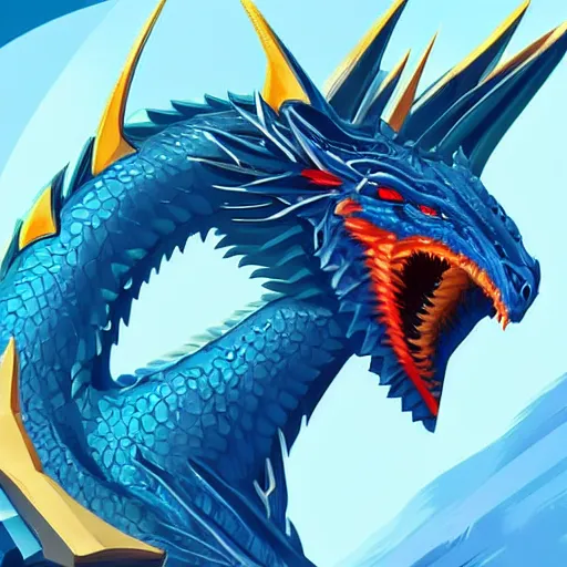 Image similar to a majestic dragon with azure blue eyes, iron claws, golden wings and scarlet red skin, hd, 4k, trending on artstation, award winning, 8k, 4k, 4k, very very very detailed, high quality pixel art