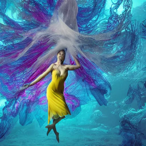 Image similar to woman dancing underwater wearing a flowing dress made of blue, magenta, and yellow seaweed, delicate coral sea bottom, swirling silver fish, swirling smoke shapes, unreal engine, caustics lighting from above, cinematic, hyperdetailed