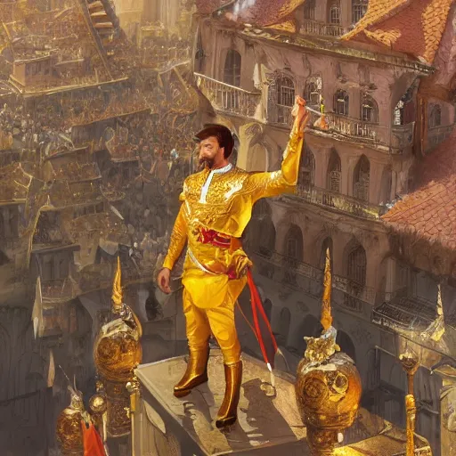 Image similar to A young king in golden clothes making a speech from a balcony to a crowd, fantasy, highly detailed, digital painting, artstation, concept art, illustration, art by Bayard Wu and Marc Simonetti