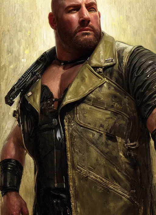 Image similar to big mike. cyberpunk professional wrestler wearing a military vest and combat gear. (Cyberpunk 2077, bladerunner 2049). Round face. Iranian orientalist portrait by john william waterhouse and Edwin Longsden Long and Theodore Ralli and Nasreddine Dinet, oil on canvas. Cinematic, hyper realism, realistic proportions, dramatic lighting, high detail 4k