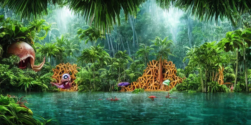 Image similar to of a tropical rainforest lake with strange cute friendly happy creatures with huge eyes, mouth, long tongue, round teeth and goofy face, appearing from the water, in the style of gehry and gaudi, macro lens, shallow depth of field, ultra detailed, digital painting, trending artstation, concept art, illustration, cinematic lighting, photorealism, epic, octane render