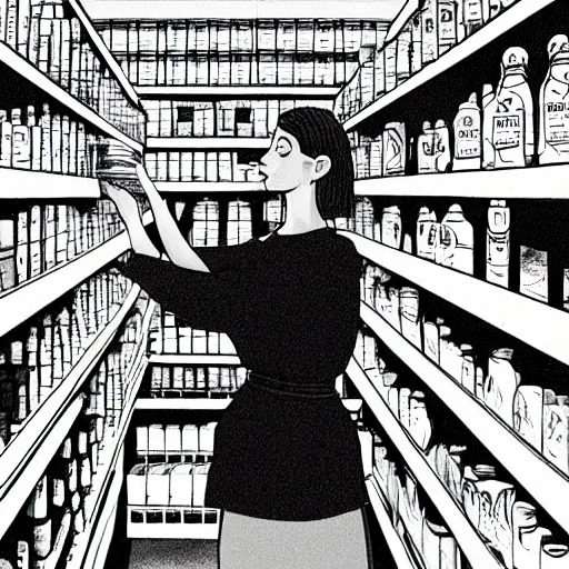 Prompt: storybook illustration of a woman in a supermarket trying to reach for something on the top shelf, storybook illustration, monochromatic