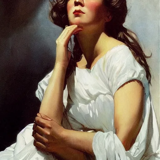 Prompt: epic portrait an nurse in a white dress and short sleeves, beautiful, shiny skin, wet flowing hair, made by j. c. leyendecker