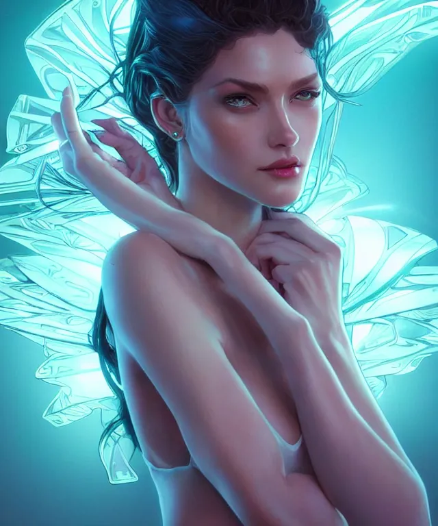 Prompt: Supermodel woman turning fiction to reality , scifi, intricate, elegant, highly detailed, teal neon glowing eyes, digital painting, artstation, concept art, smooth, sharp focus, illustration, art by artgerm and moebius and alphonse mucha