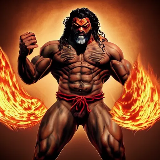 Prompt: jason momoa as dhalsim street fighter, breathing fire, ultra realistic, concept art, intricate details, highly detailed, photorealistic, octane render, 8 k, unreal engine, art by frank frazetta, simon bisley, brom