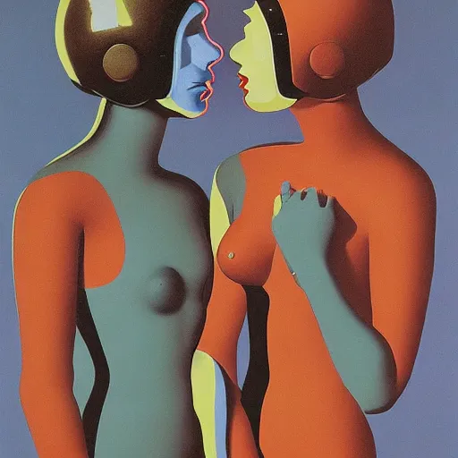 Prompt: portrait of an two girls kissing each other wearing astro helmet with tight black latex dress tight suit by Andy warhol, Edward Hopper and James Gilleard, Zdzislaw Beksinski, Mark Ryden, Wolfgang Lettl highly detailed