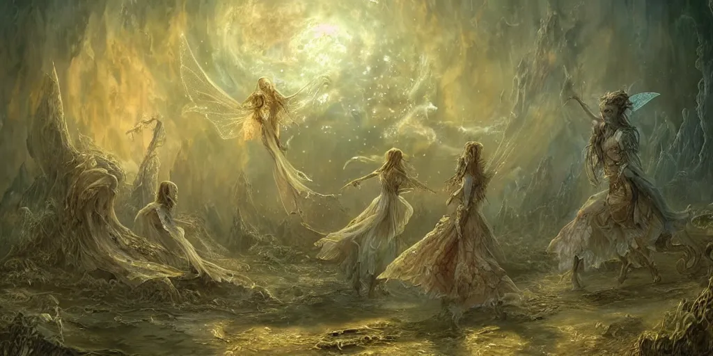 Image similar to concept art of translucent glowing fairies dancing, lovecraftian, renaissance, melting, round moon, rich clouds, fighting the horrors of the unknown, very detailed, volumetric light, mist, fine art, decaying, textured oil over canvas, epic fantasy art, very colorful, ornate intricate scales