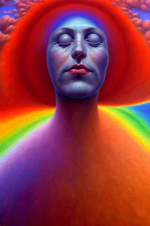 Image similar to hyperrealistic close-up Renaissance psychedelic!! celestial happy pure kind! creature!! peaceful! kind spirit of nature highly detailed concept art eric zener elson peter cinematic hard rainbow lighting high angle hd 8k sharp shallow depth of field, inspired by Zdzisław Beksiński