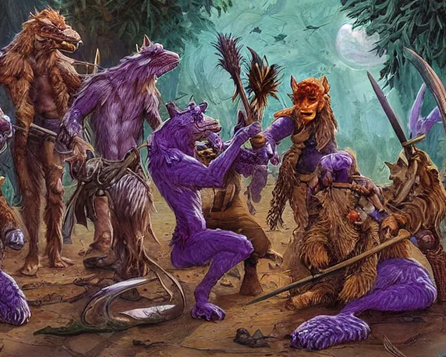 Image similar to Fantasy illustration by Clyde Caldwell - The pack of kobolds is crouched in a circle. They are snivelling canid humanoids, with scales of rust, and they carry spears. Their leader, a matronly female with numerous tattoos, kneels in the center of the circle and gathers the pulsing purple moss. She has a spear, but it lies across her lap. The kobolds chatter to one another, and you hear the word “food” uttered more than once.