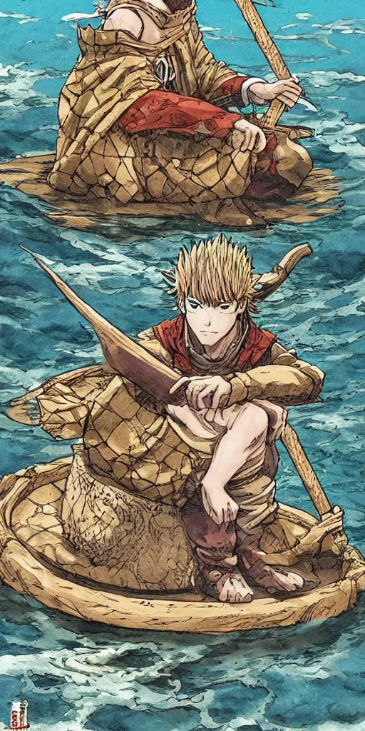 Image similar to a single lone king sitting on a throne floating on water in the middle of a lake drawn by Makoto Yukimura in the style of Vinland saga anime, full color, detailed,