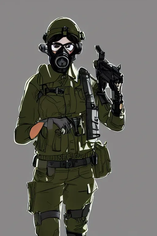 Image similar to british sas female operative with the standard s 1 0 gas mask and the black uniform, 8 0 s, artstation, trending on artstation, establishing shot