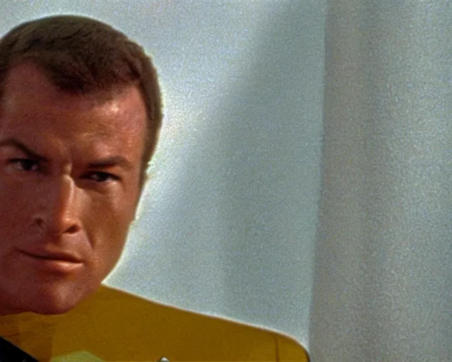 Image similar to film still from star trek, close up macro of james kirk in the transporter bay, octane, 1 9 6 8