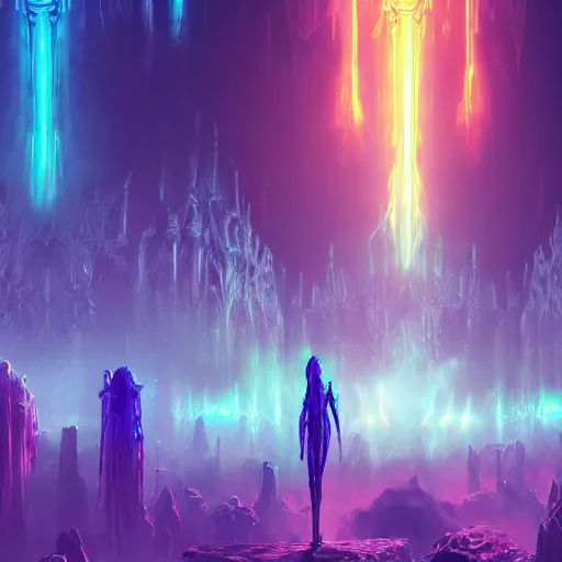 Prompt: [ palate ] [ vibrant gothic colors ] lost alien souls congregating and waiting in line at heaven's gate, vibrant neon nebulous clouds, radiant light rays, photorealistic illustration, intricate and fine details, volumetric lighting, artstation, god figure at the gate - w 1 0 2 4