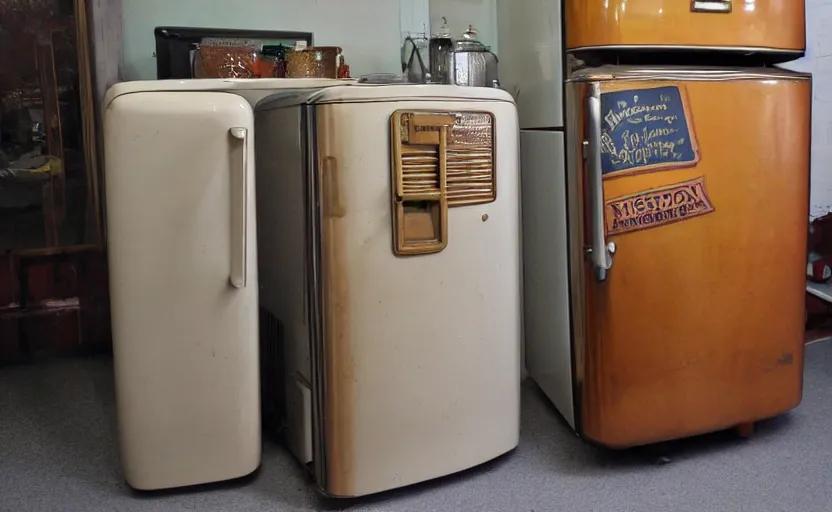 Prompt: a steampunk mid century retro refrigerator running in the boston marathon