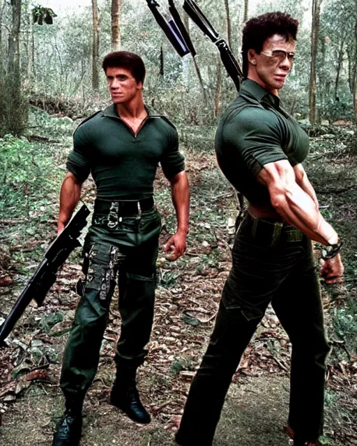 Image similar to photoshoot of commando versus rambo. young arnold schwarzenegger as matrix from the movie commando and young sylvester stallone as rambo, photoshoot in the style of annie leibovitz,