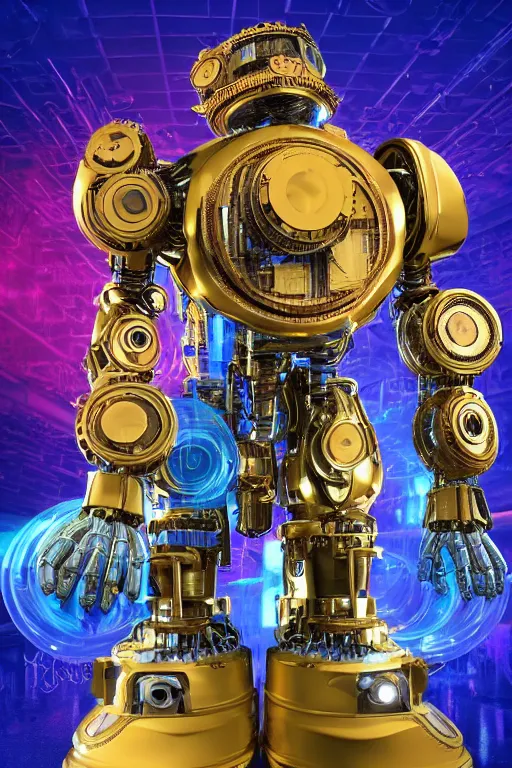 Image similar to portrait photo of a giant huge golden and blue metal steampunk robot with gears and tubes, robot is made of vaccuumcleaner, on the wet floor are mop and bucket, eyes are glowing red lightbulbs, shiny crisp finish, 3 d render, 8 k, insaneley detailed, fluorescent colors, background is multicolored lasershow