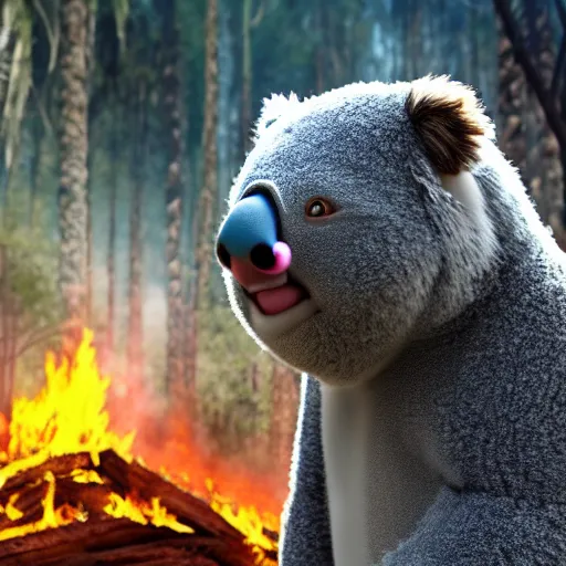 Image similar to Prime Minister Scott Morrison selfie by a forest fire, not holding a hose, smoke, koala bear in tree, cinematic, hyper realism, high detail, vivid colors, octane render, unreal engine, 8k