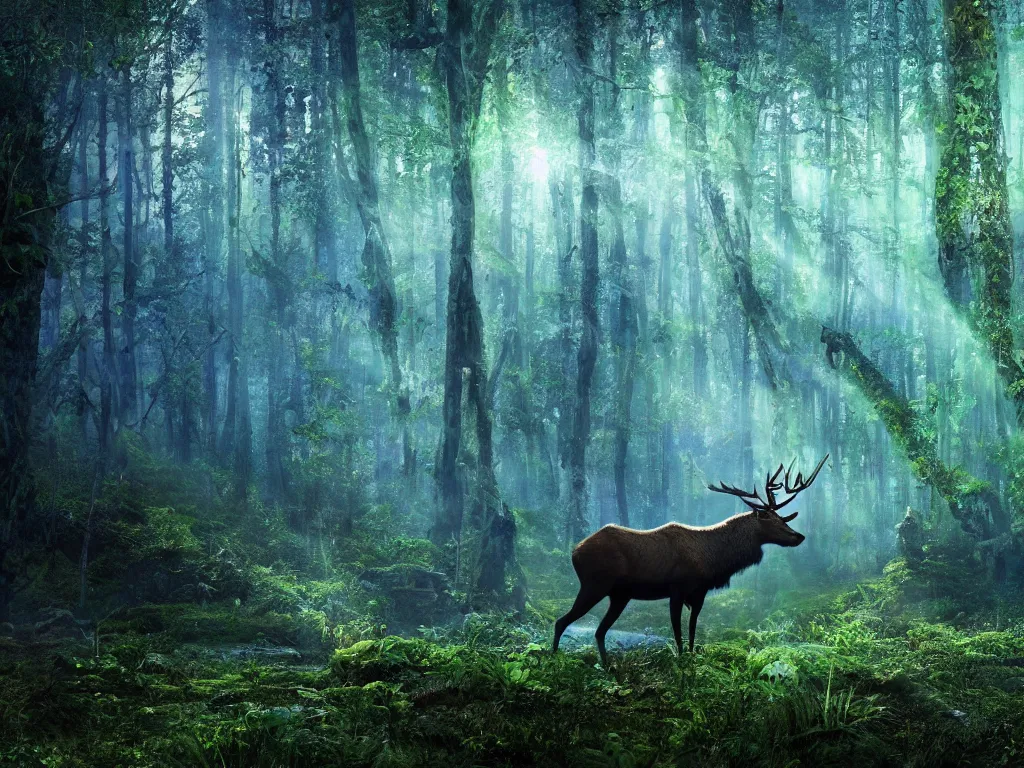 Image similar to a fantasy beautiful dense biorelevant rainforest setting, ultrawide angle, a large blue glowing elk herd with light illuminating from within, cinematic lighting, extremely emotional, extremely dramatic, surround it with pixie dust ether floating in the air, hdr, epic scale, cmyk, deep spectrum color