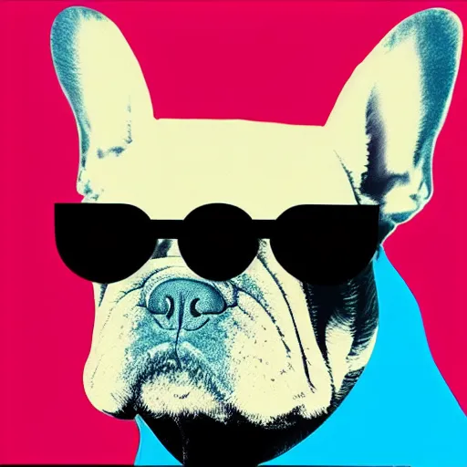 Prompt: An Andy Warhol style painting of a French bulldog wearing sunglasses, pop art