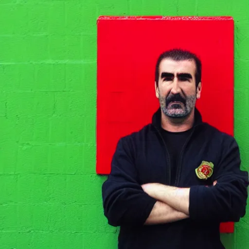 Image similar to a painting of Eric Cantona, in front of a red wall, dripping.