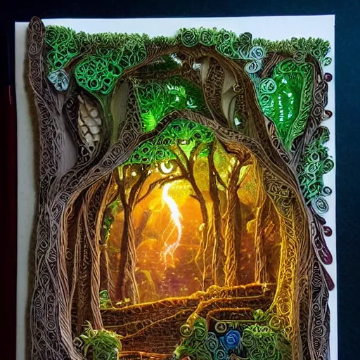 Prompt: paper quilling , whole page illustration , art in the style of greg rutkowski and thomas kinkade and Larry Elmore, a tiny village carved into the side of a tree, inhabited by elves and faeries, the outside lights are bioluminescent mushrooms and fungi intricately detailed