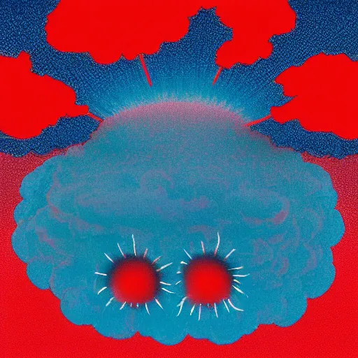 Image similar to red white and blue nuclear explosion over a city on the fourth of july in the style of m. c. escher, junji ito and beeple, patriotic, mushroom cloud