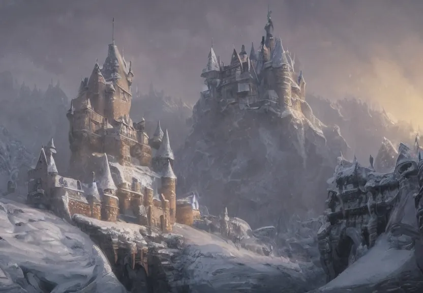 Image similar to a painting of a castle in the middle of a snowy mountain, a detailed matte painting by andreas rocha and greg rutkowski, featured on artstation, fantasy art, matte drawing, matte painting, artstation hq