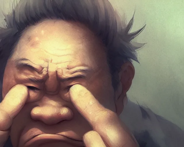 Image similar to a 50 year old brunnete happy chinese man with puffy cheeks bursting in tears on the floor, close up shot, anime art, Greg Rutkowski, studio ghibli, dramatic lighting