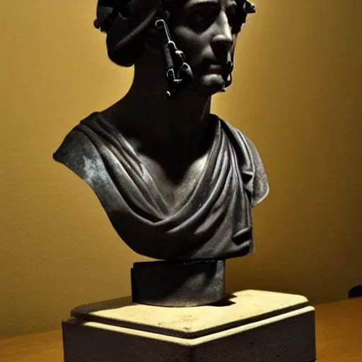 Image similar to a roman bust wearing headphones, vaporwave!!!!!!!!!!!