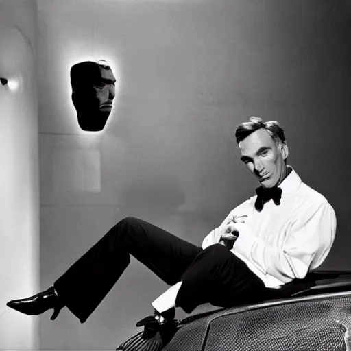 Prompt: bill nye as james bond, goldfinger 1 9 6 4 iconic film still