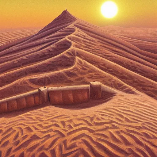 Image similar to High-Quality realist painting of a fortress in the Sahara Desert, peaceful, very detailed, digital art.