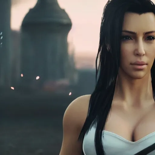 Image similar to kim kardshian playing tifa lockhart in the final fantasy movie trailer, cinematic still, 8 k hdr film