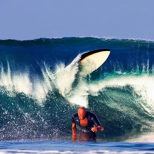 Image similar to kelly slater surfing, surfing in a barrel wave with a great white in the face of the wave under the water, large shark, clear water standing on surfboards, surfing in the face of a tsunami, high detailed colors, bright deep blue