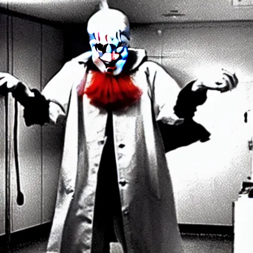 Prompt: a full body photograph of pennywise using a lab coat at a hospital