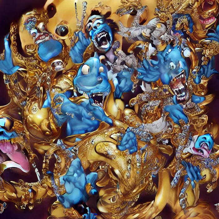 Image similar to jeff koons hip hop style street sharks wearing grillz and a ton of bussdown iced gold bling, ultra realistic, concept art, intricate details, serious, highly detailed, photorealistic, octane render, 8 k, unreal engine, art by todd mcfarlane and artgerm and greg rutkowski and alphonse mucha