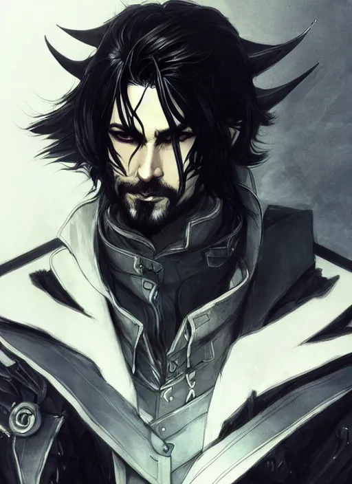 Image similar to Half body portrait of a handsome elven warrior with long black hair and facial hair wearing a black jacket. In style of Yoji Shinkawa and Hyung-tae Kim, trending on ArtStation, dark fantasy, great composition, concept art, highly detailed.